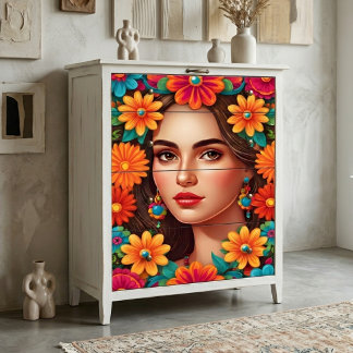 Papier Mousseline Portrait de femme d'art folklorique floral vibrant