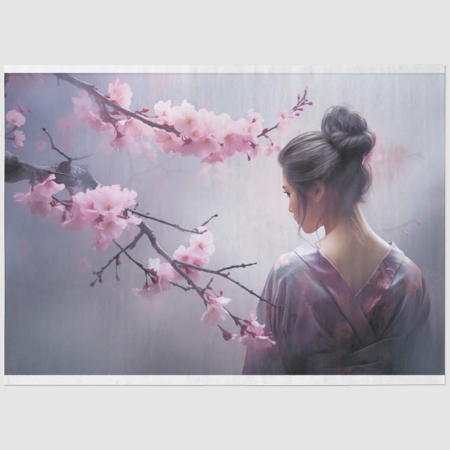 Papier Mousseline Portrait Oriental de Misty Geisha et de fleurs de  (Recto)