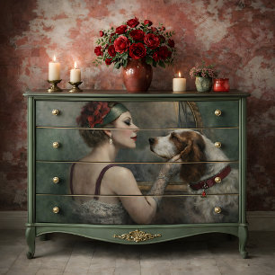 Papier Mousseline Portrait Romantique de Dame Vintage au Chien en Dé