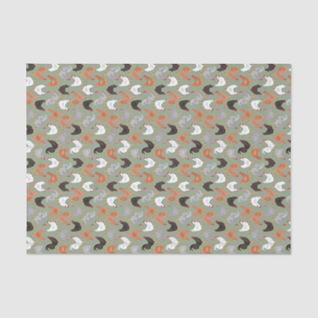 Papier Mousseline Poulets et coqs de pays sur le vert (Recto)