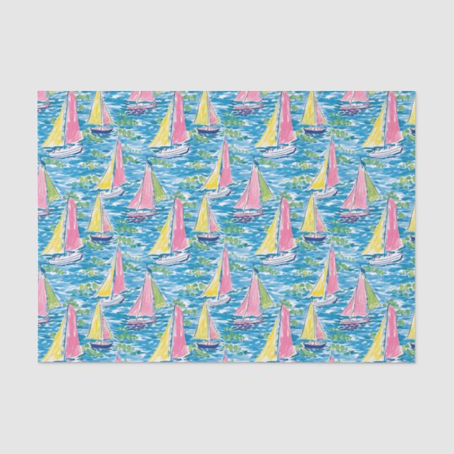 Papier Mousseline Preppy Palm Beach Imprimer Bateaux à voile rose et (Recto)
