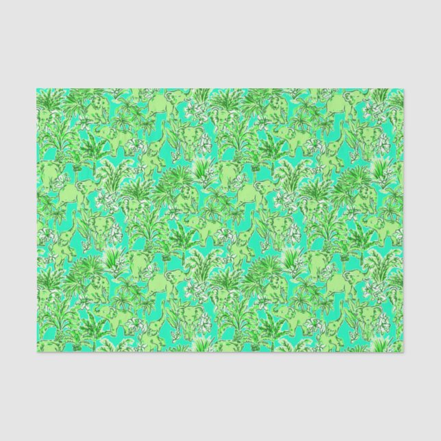 Papier Mousseline Preppy Palm Beach Imprimer Eléphants verts (Recto)