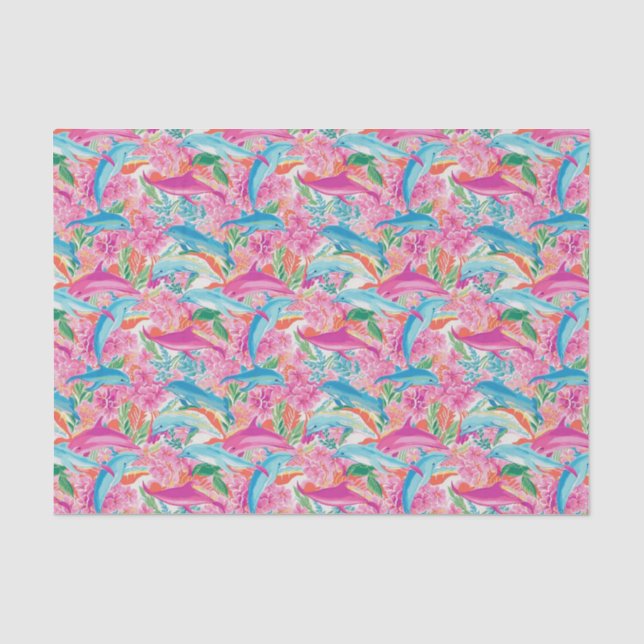 Papier Mousseline Preppy Palm Beach Motif de dauphins tropicaux (Recto)