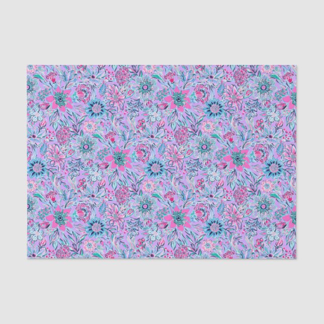 Papier Mousseline Preppy Palm Beach Print Lavender et Fleurs roses (Recto)