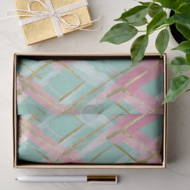Papier Mousseline Preppy Pink Mint Gold Glitter Argyle Pattern (Cadeau)