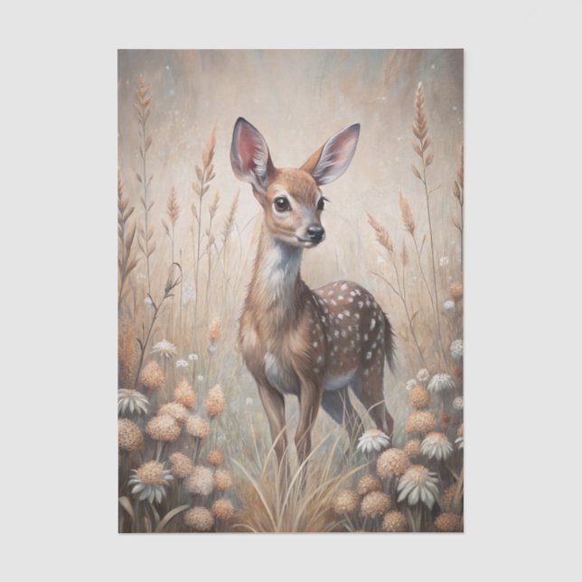 Papier Mousseline Pretty Fawn in a Forest Meadow with Flowers (Recto)