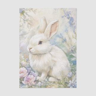 Papier Mousseline Pretty White Bunny Sitting in Patch of Wildflowers