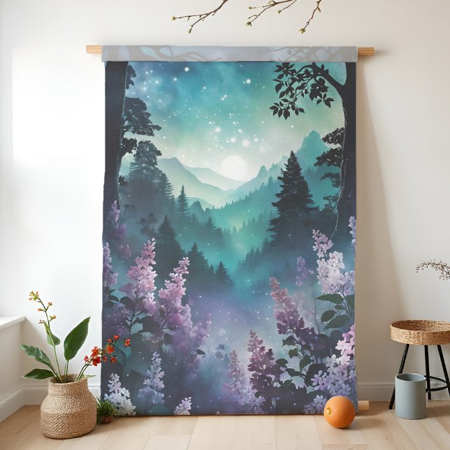 Papier Mousseline Printemps céleste Dreamy Lilac paysage floral (Celestial Spring tissue paper featuring a dreamy lilac floral landscape beneath stars and full moon.)
