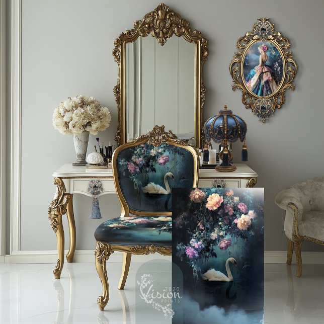 Papier Mousseline Promenade du soir, cygne de fantaisie sombre et lu (Evening Stroll, Swan Lake, Ethereal Floral Fantasy Digital Art Decoupage Tissue Paper )