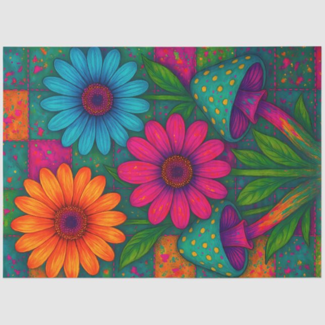 Papier Mousseline Psychedelic Flowers & Mushrooms Decoupage (Recto)