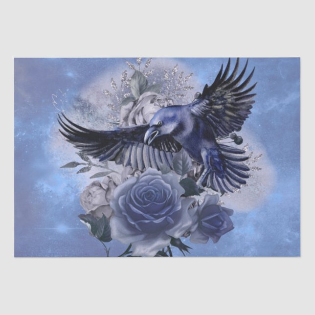Papier Mousseline Raven Bird Blue Rose Whimsical Decoupage (Recto)