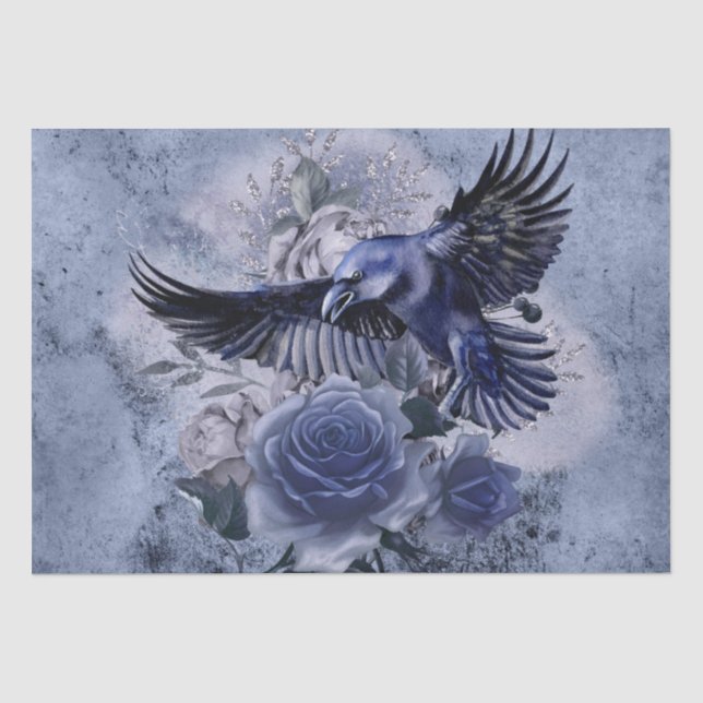 Papier Mousseline Raven Bird Blue Rose Whimsical Decoupage (Recto)