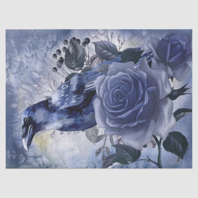 Papier Mousseline Raven Bird Blue Rose Whimsical Decoupage (Recto)
