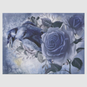 Papier Mousseline Raven Bird Blue Rose Whimsical Decoupage