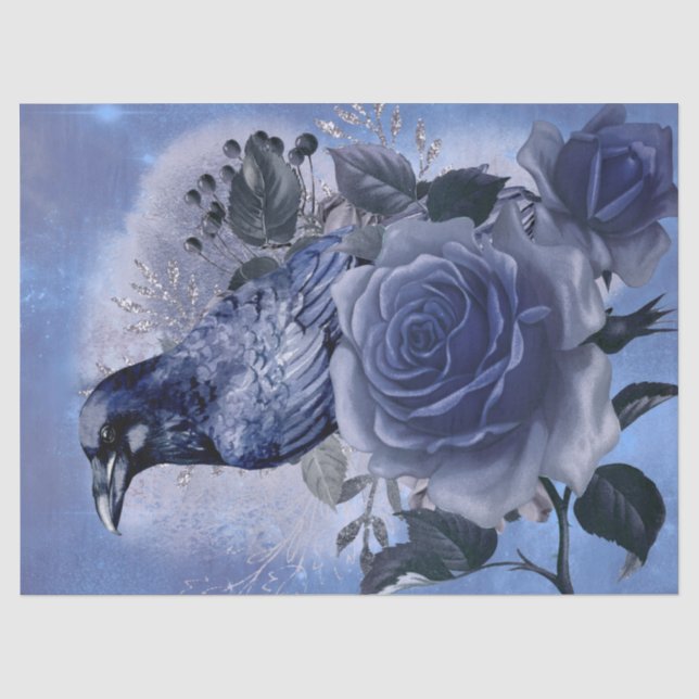 Papier Mousseline Raven Bird Blue Rose Whimsical Decoupage (Recto)