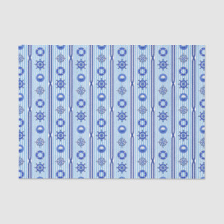 Papier Mousseline Rayures Nautiques Bleues avec Motifs Maritimes