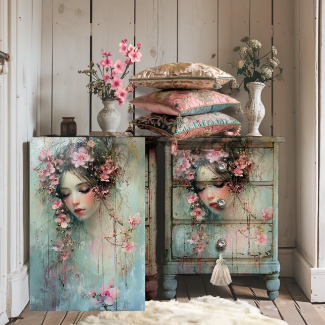 Papier Mousseline Réalisme Abstrait Le visage de la femme et les fle (Raindrops Abstract Realism Ethereal Portrait Feminine face & cherry blossom art for Decoupage)