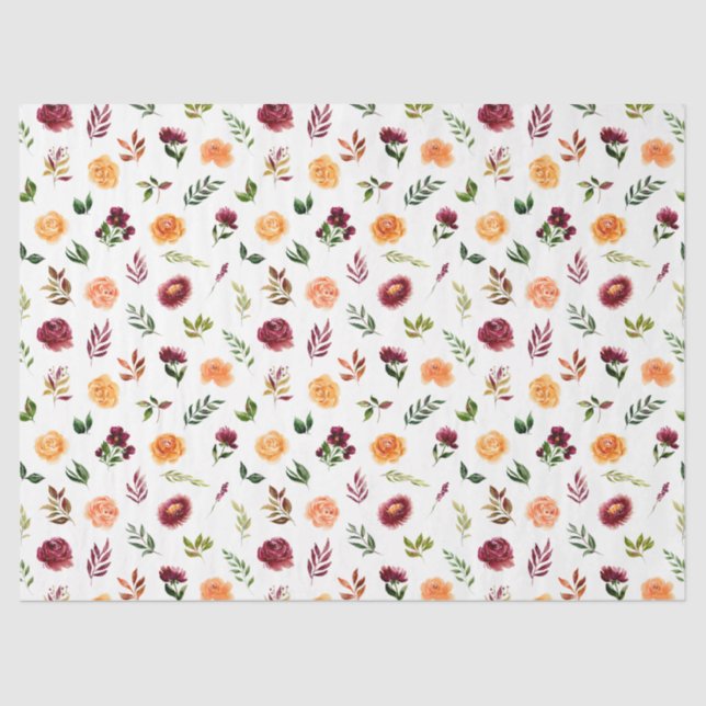 Papier Mousseline Red and Orange Flowers with Foliage Pattern (Recto)