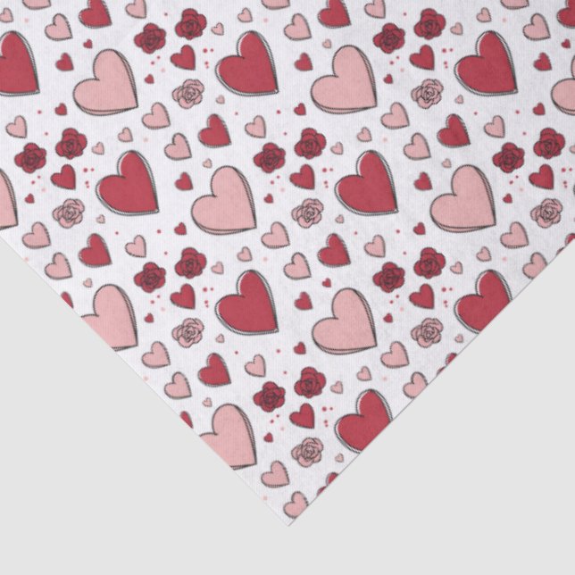 Papier Mousseline Red and Pink Hearts and Roses Doodle Art (Détail)