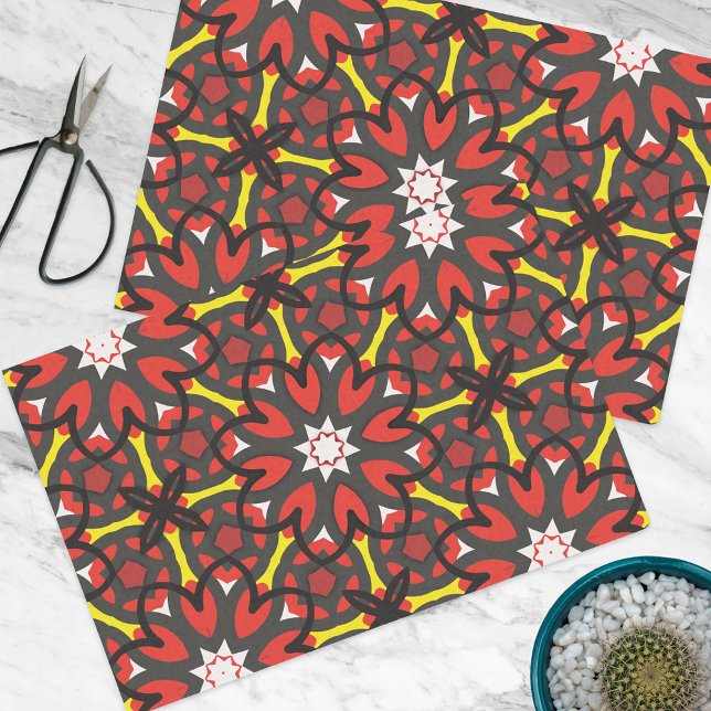 Papier Mousseline Red Grey Floral Folal Art Ethnic Motif géométrique (Créateur téléchargé)