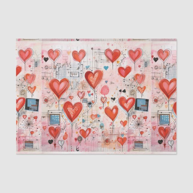Papier Mousseline Red Hearts Whimsical Love Motif (Recto)