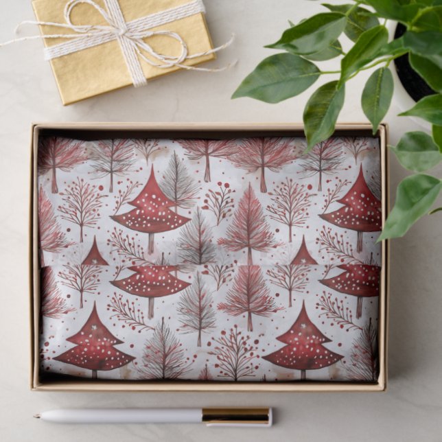 Papier Mousseline Red White Christmas Tree Pattern#4 ID1009 (Cadeau)