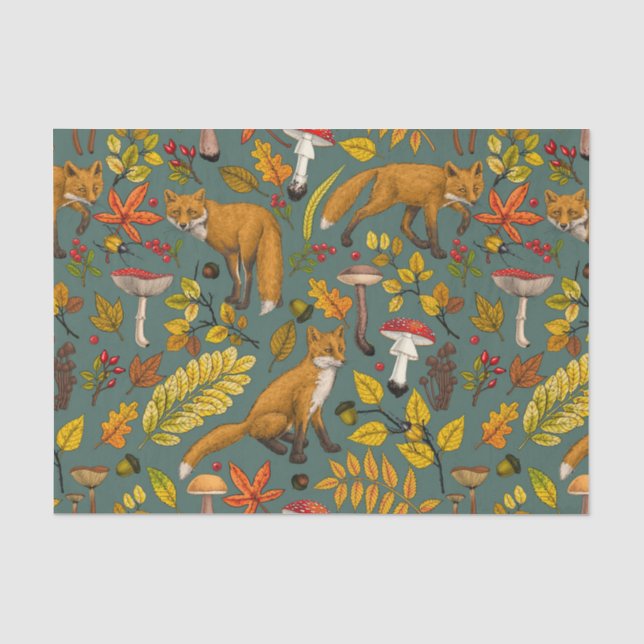 Papier Mousseline Renard d'automne sur pin vert (Recto)