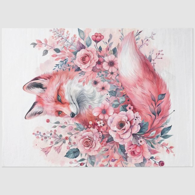 Papier Mousseline Renard rose Floral Aquarelle Art (Recto)