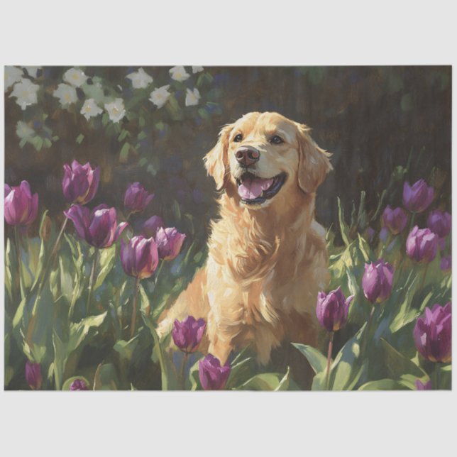 Papier Mousseline Retriever d'or avec découpage de tulipes violettes (Recto)