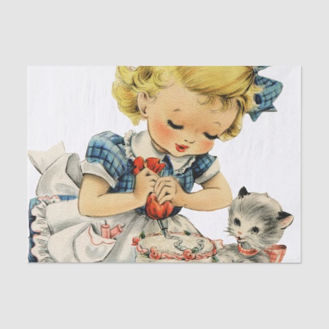 Papier Mousseline Rétro Anniversaire Fille Cake Cat Enfants Artwork (Recto)