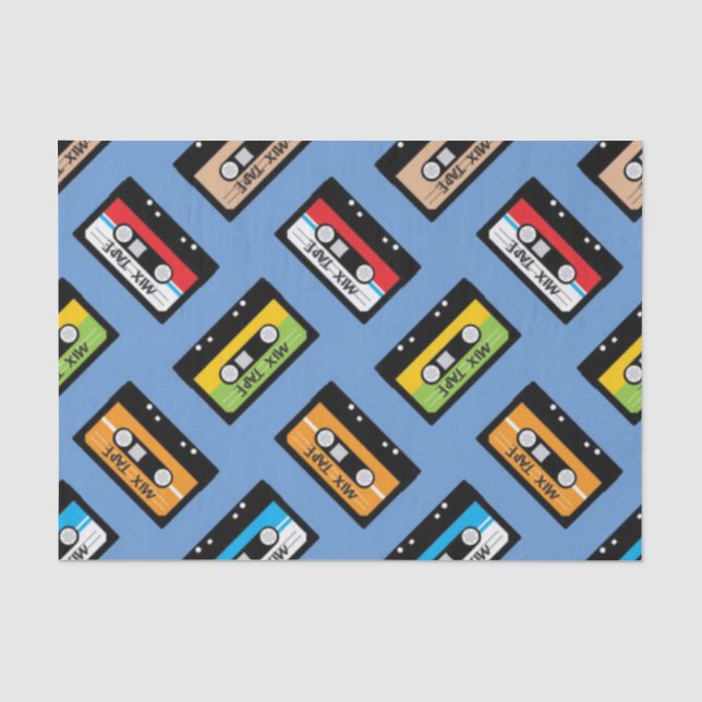 Papier Mousseline Retro Blue cassette motif anniversaire 1980s Vinta (Recto)