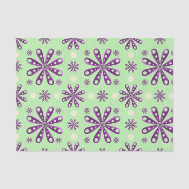 Papier Mousseline Retro Purple Flowers on Green Background (Recto)