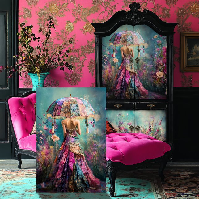 Papier Mousseline Rêves vibrants, Imaginaire floral Portrait Art (Vibrant Dreams, Fantasy and Floral Portrait Art, Part 1 of a Triptych, Decoupage Tissue Paper)