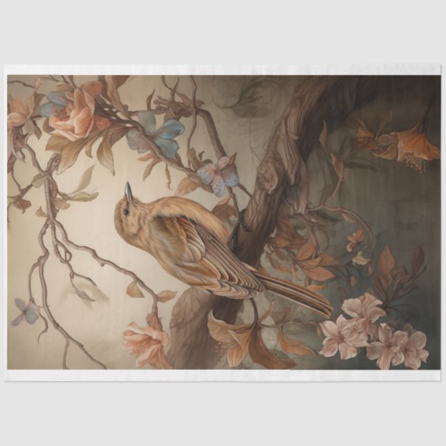 Papier Mousseline Robin avec douce pastel peach fleurs découpage (Recto)