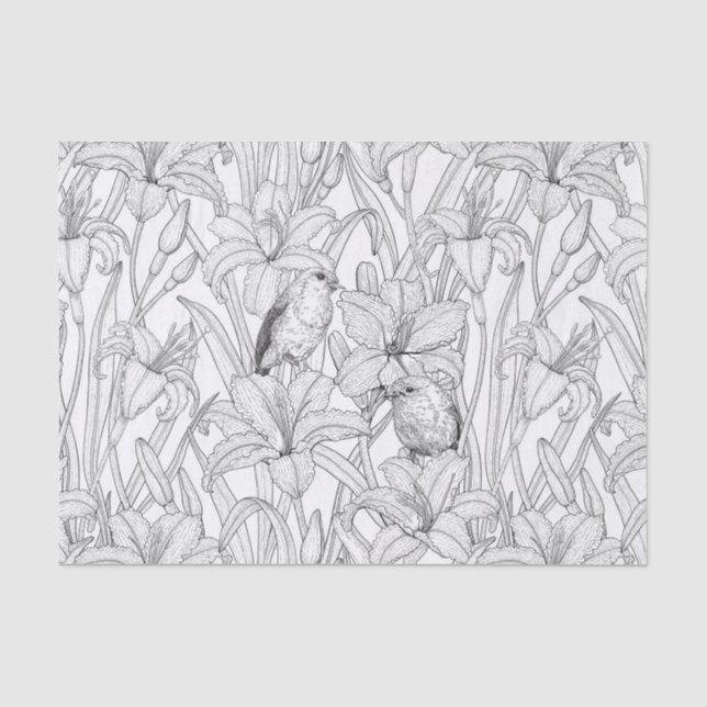 Papier Mousseline Robins et fleurs de lys, noir et blanc (Recto)