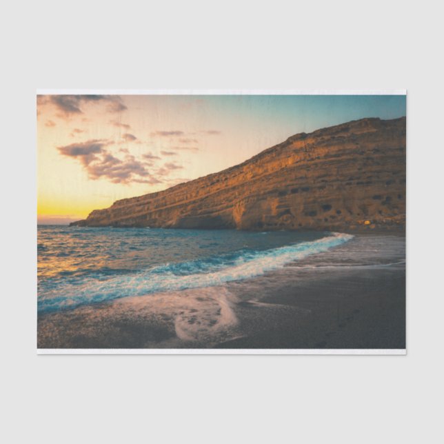Papier Mousseline Rock de plage de sable de la mer de Sunset (Recto)