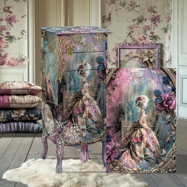 Papier Mousseline Rococo Mary Antoinette Vibrant Portrait Baroque (Whimsical Rococo Mary Antoinette Era, French Maximalist, Baroque Portrait Art Decoupage)