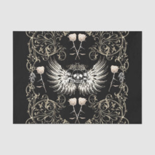 Papier Mousseline Romance gothique victorien crâne ailes et roses bl