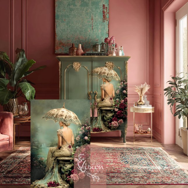 Papier Mousseline Romantic Florals Sage Green Lady & a Parasol Art (Romantic Florals, Lady and a Parasol, Sage Green and Crimson Pink Decoupage Tissue Paper.)