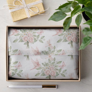 Papier Mousseline Romantic pink and green bird and flowers