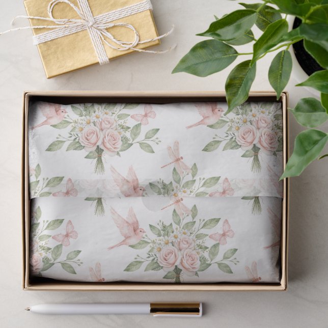 Papier Mousseline Romantic pink and green bird and flowers (Cadeau)