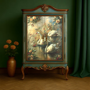 Papier Mousseline Romantique Lac des Cygnes Élégant Vintage Oiseaux 