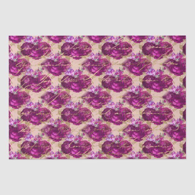 Papier Mousseline Romantique Roses magenta avec l'écriture d'or sur  (Recto)