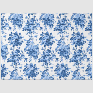Papier Mousseline Romantique Vintage Roses-Bleu sur Blanc
