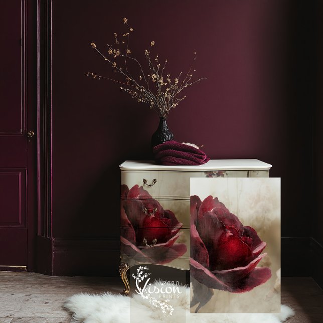Papier Mousseline Rose Bourgogne & Beige, Fleur Gros Plan (Burgundy Rustic Peony Rose, Macro Flower and Beige background, part 2 of a matching diptych set)