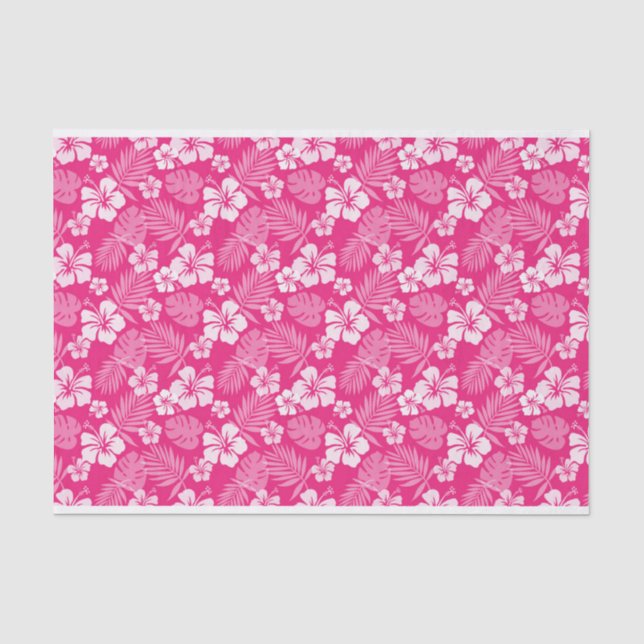 PAPIER MOUSSELINE ROSE CHAUDE AVEC FLEURS HIBISQUES BLANCHES TROPICA (Recto)