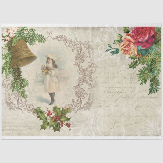 Papier Mousseline Rose de Noël victorien, Pine & Holly Collage (Recto)