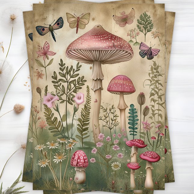 PAPIER MOUSSELINE ROSE FORÊT MUSHROOMS DÉCOUPAGE TISSU PAPIER (PINK FOREST MUSHROOMS DECOUPAGE TISSUE PAPER)