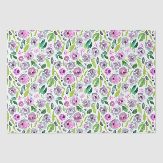 Papier Mousseline Rose Gris Vert Floral Mariage Anniversaire Elle  (Recto)