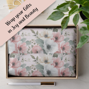 Papier Mousseline Rose Pâle Crème Aquarelle Florale 